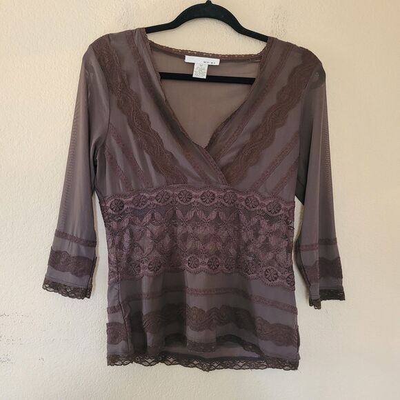 WD.NY Tops - WD-NY Womens Medium Brown Lace Trim Top Sheer Y2K Romantic Fairy Whimsy Boho